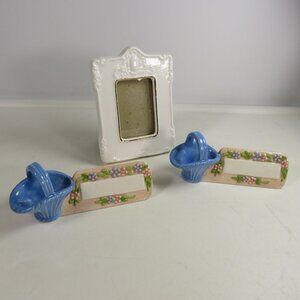 Ceramic White w Gold Picture Frame, (2) Ceramic Place cards Embossed Floral